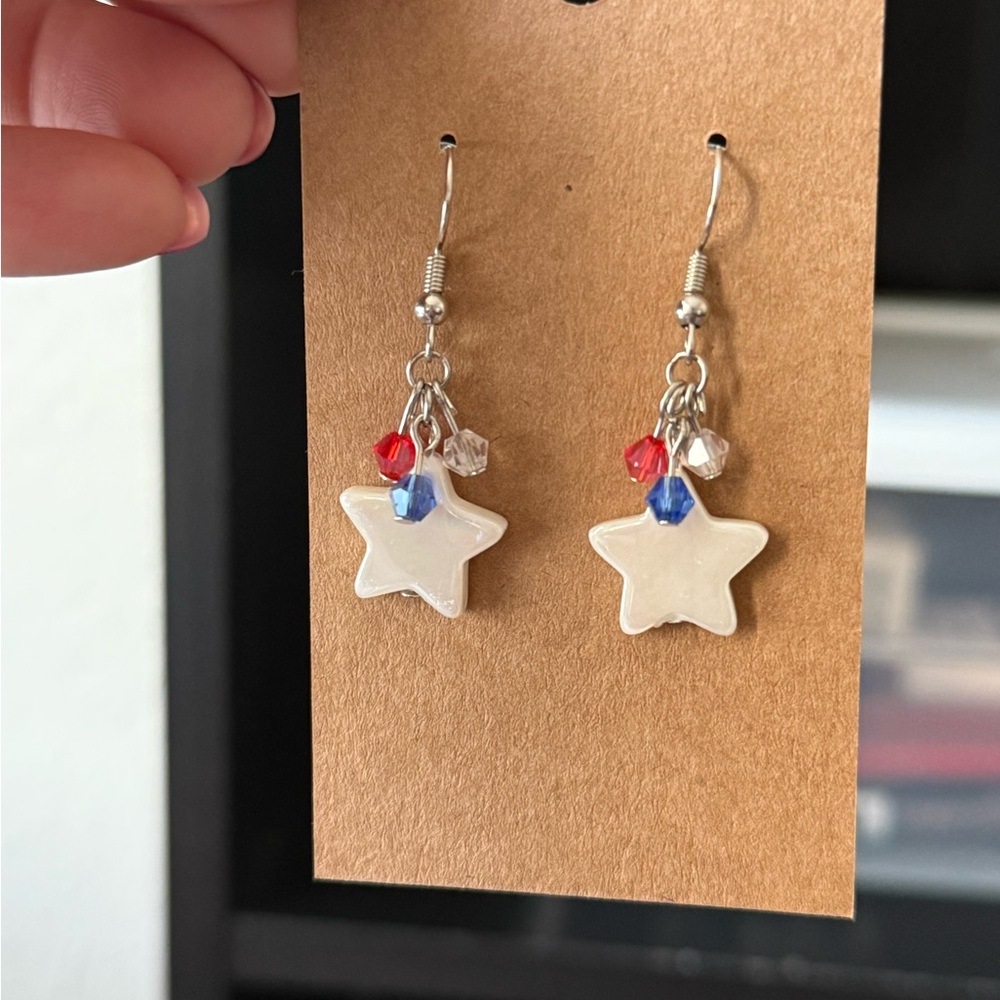 Star Earrings with Red, Blue, and Clear Beads